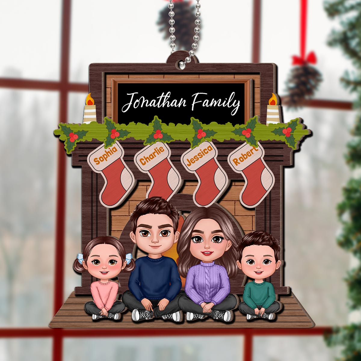 Whole Family Sitting At Christmas Fireplace Personalized 2-Layer Wooden Ornament