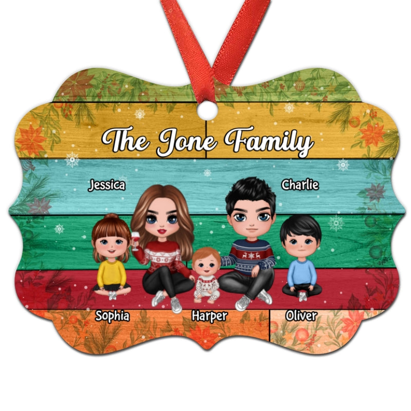 Family Sitting Colorful Plank Personalized Christmas Ornament