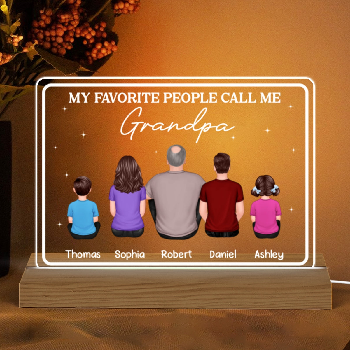 Favorite People Call Me Grandpa Dad Back View Man Sitting With Kids Personalized Custom Shape Acrylic Plaque Warm LED Night Light
