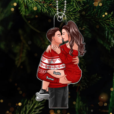 Man Holding Woman Kissing Christmas Gift For Couple Personalized Acrylic Ornament