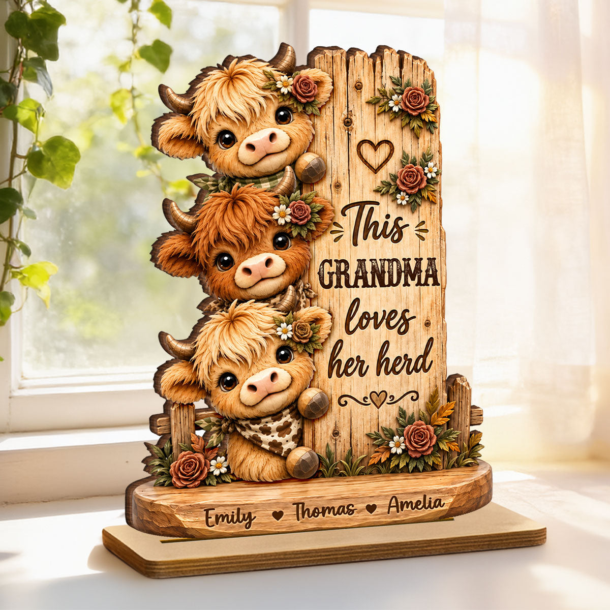 This Grandma Loves Her Herd - Personalized 2-Layered Wooden Plaque - Cozy Fall Decor for Grandma