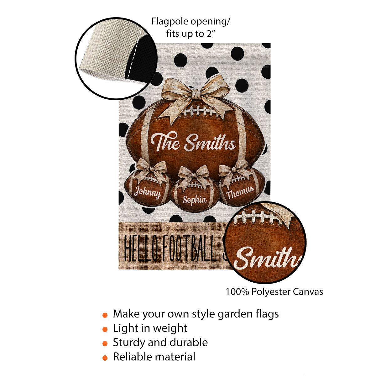 Polkadot Hello Football Season Custom Family Names - Personalized Garden Flag - Football Season Decor For Family