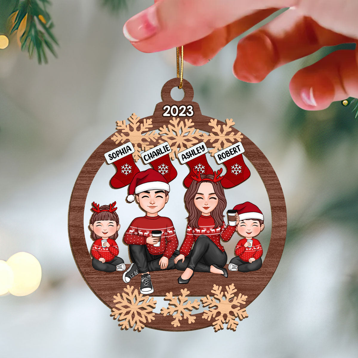 Doll Family Sitting Under Christmas Stocking Personalized Wooden Ornament