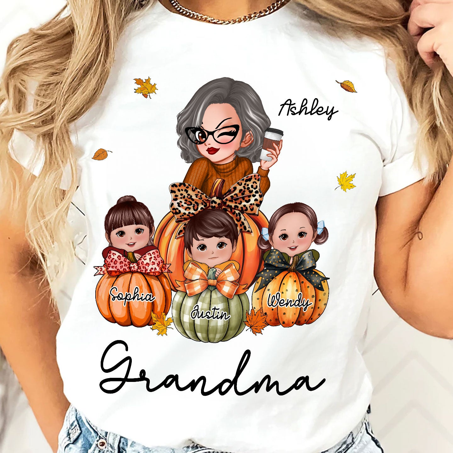 Grandma Mom Kids On Pumpkin Personalized Shirt, Fall Season Gift For Mom Grandma