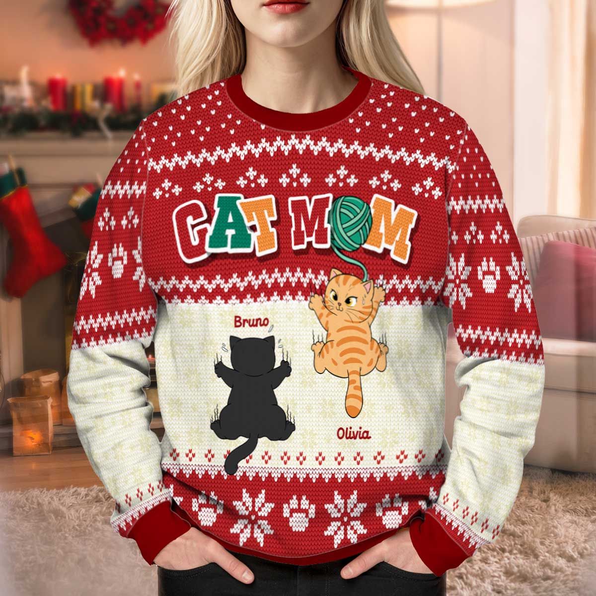 Cat Mom Cat Dad Funny Cat Climbing Personalized Faux Knitting Ugly Sweater