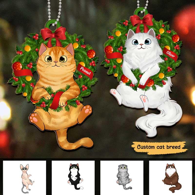 Fluffy Cat On Christmas Wreath Personalized Wooden Ornament