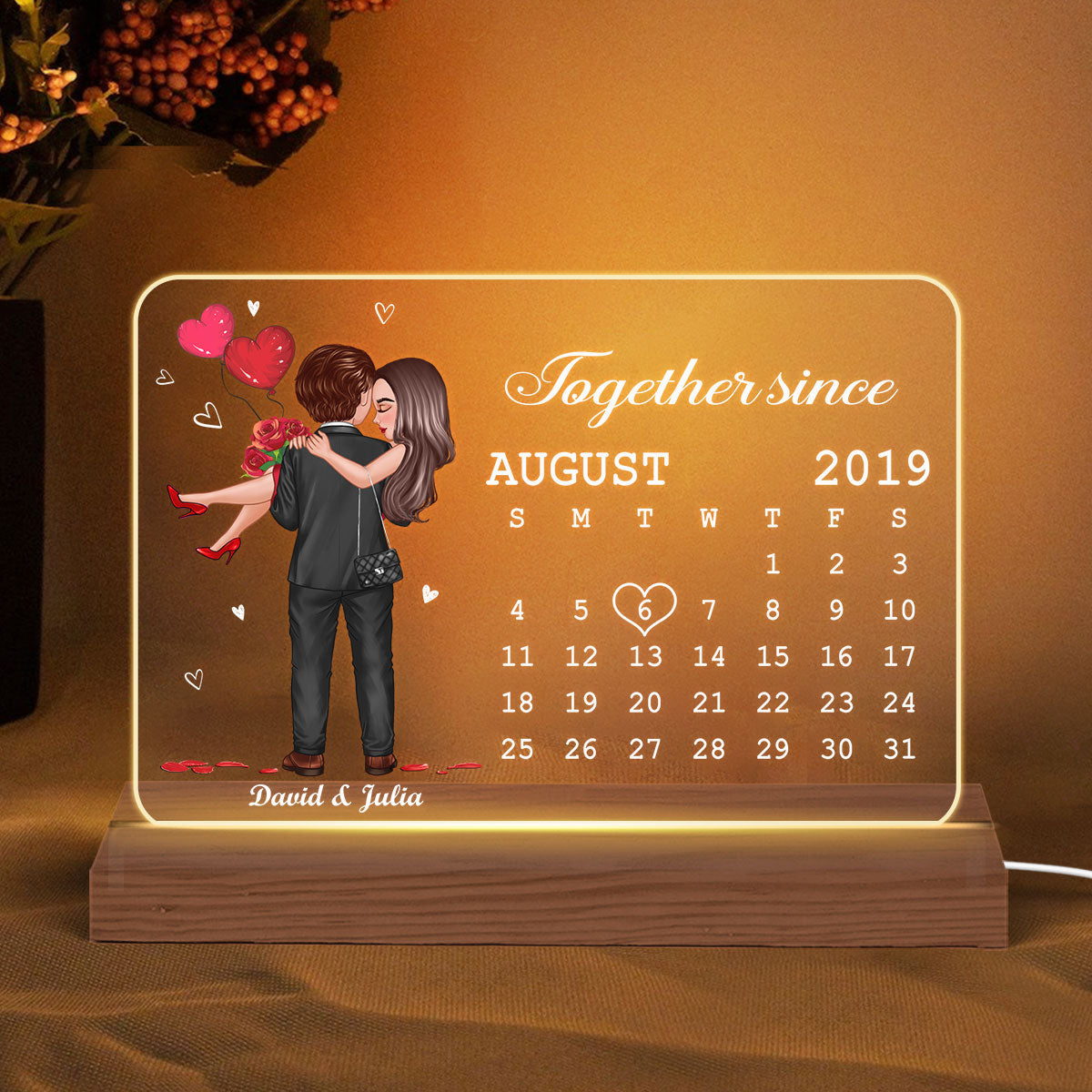 Embracing Hugging Doll Couple Calendar Personalized Custom Shape LED - Gift For Him Gift For Her