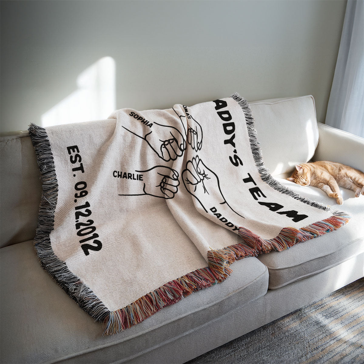 Daddy's Team Fist Bump Outline Personalized Tapestry Woven Blanket, Gift For Dad, Grandpa
