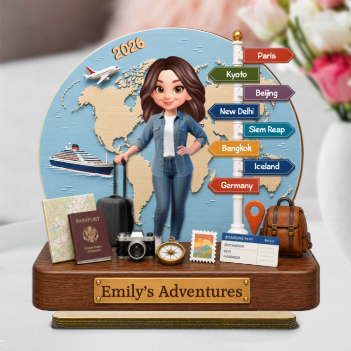 Traveling Destination Travel Adventure 2D Flat - Personalized Wooden Plaque