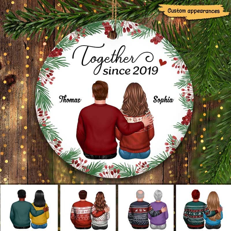 Holly Branch Couple Back View Christmas Personalized Circle Ornament
