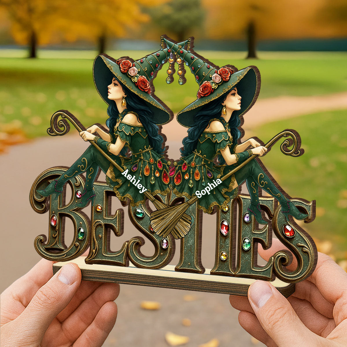 Halloween Gothic Vintage Besties Sisters Sitting On Text Personalized Standing Wooden Plaque