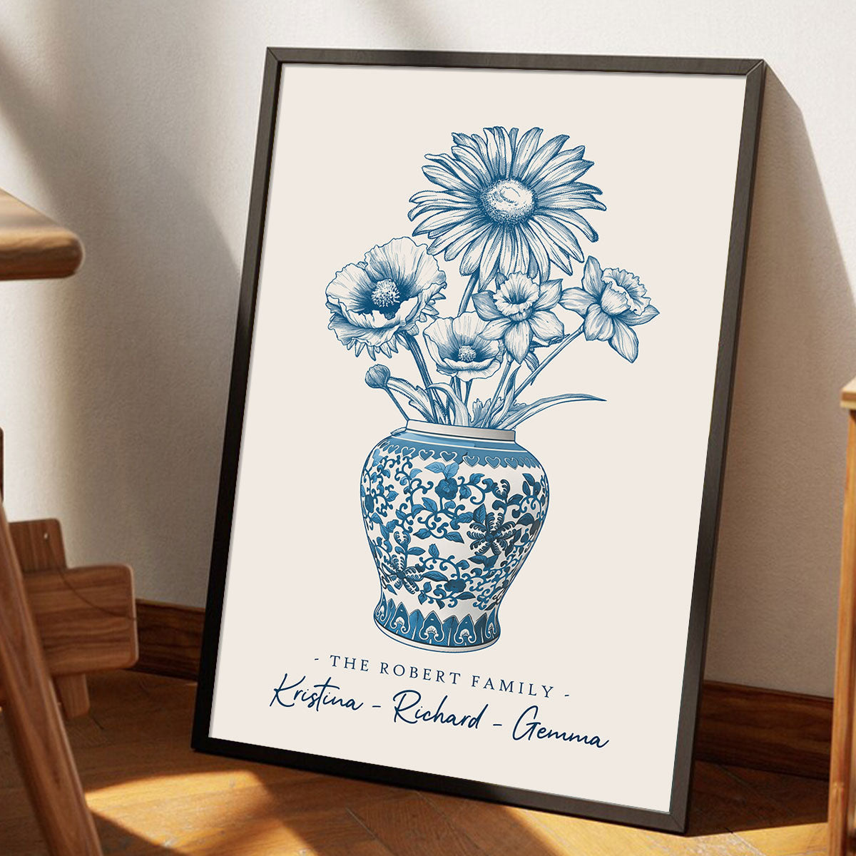 Family Birth Flower Blue Chinoiserie Vase Personalized Poster, Home Decor, Housewarming Gift