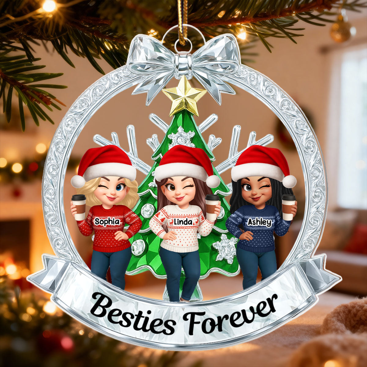 Besties on Crystal Effect Wreath - Personalized Acrylic Ornament - Christmas Gift for Besties