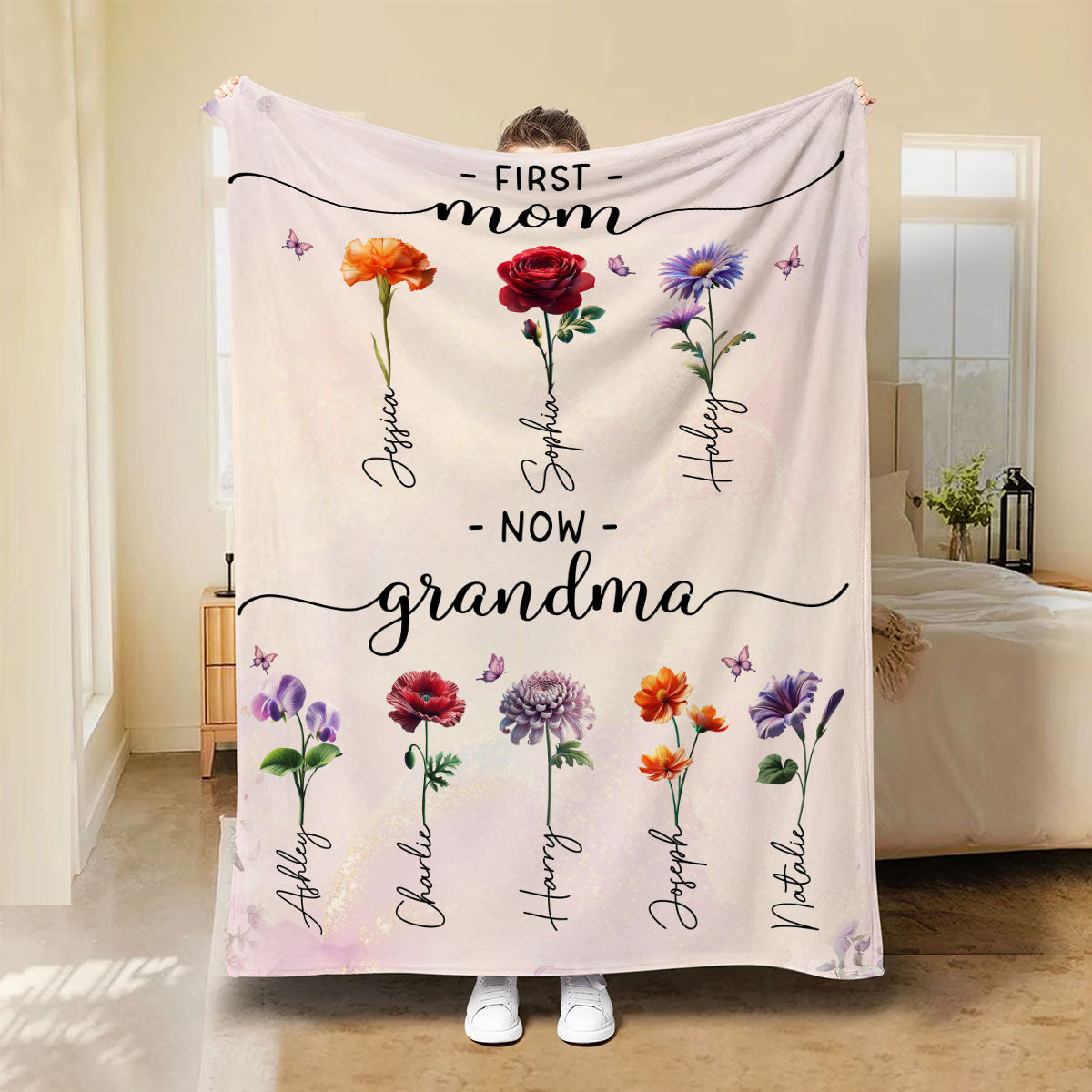 First Mom Now Grandma Beautiful 3D Effect Birth Month Flowers Personalized Fleece Blanket