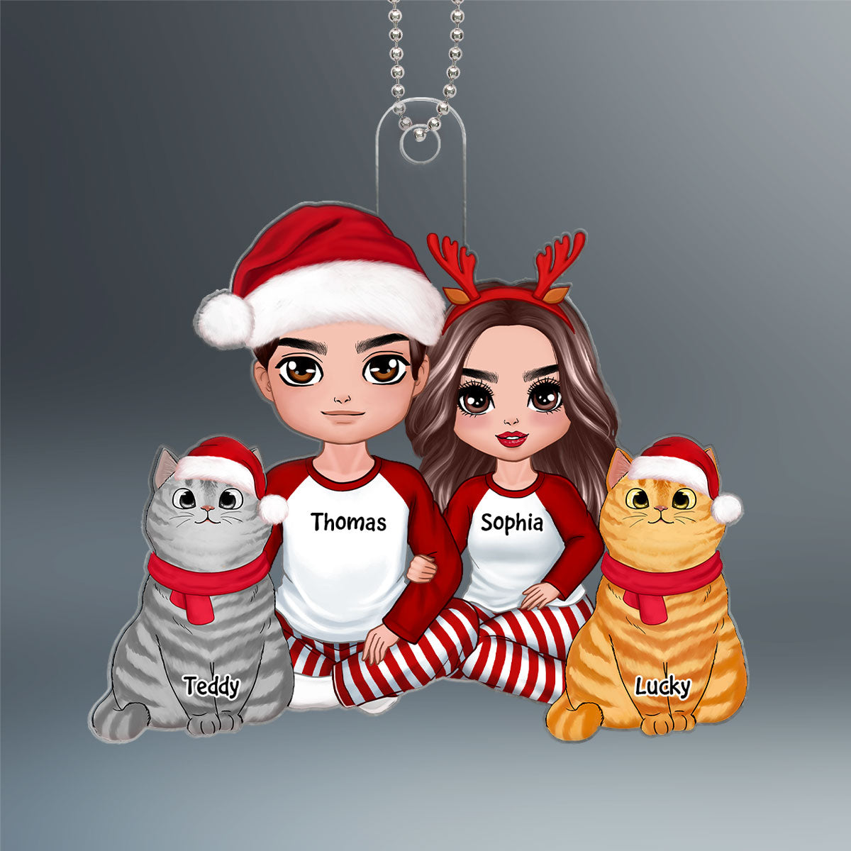 Doll Couple Sitting With Cat Christmas Personalized Acrylic Ornament
