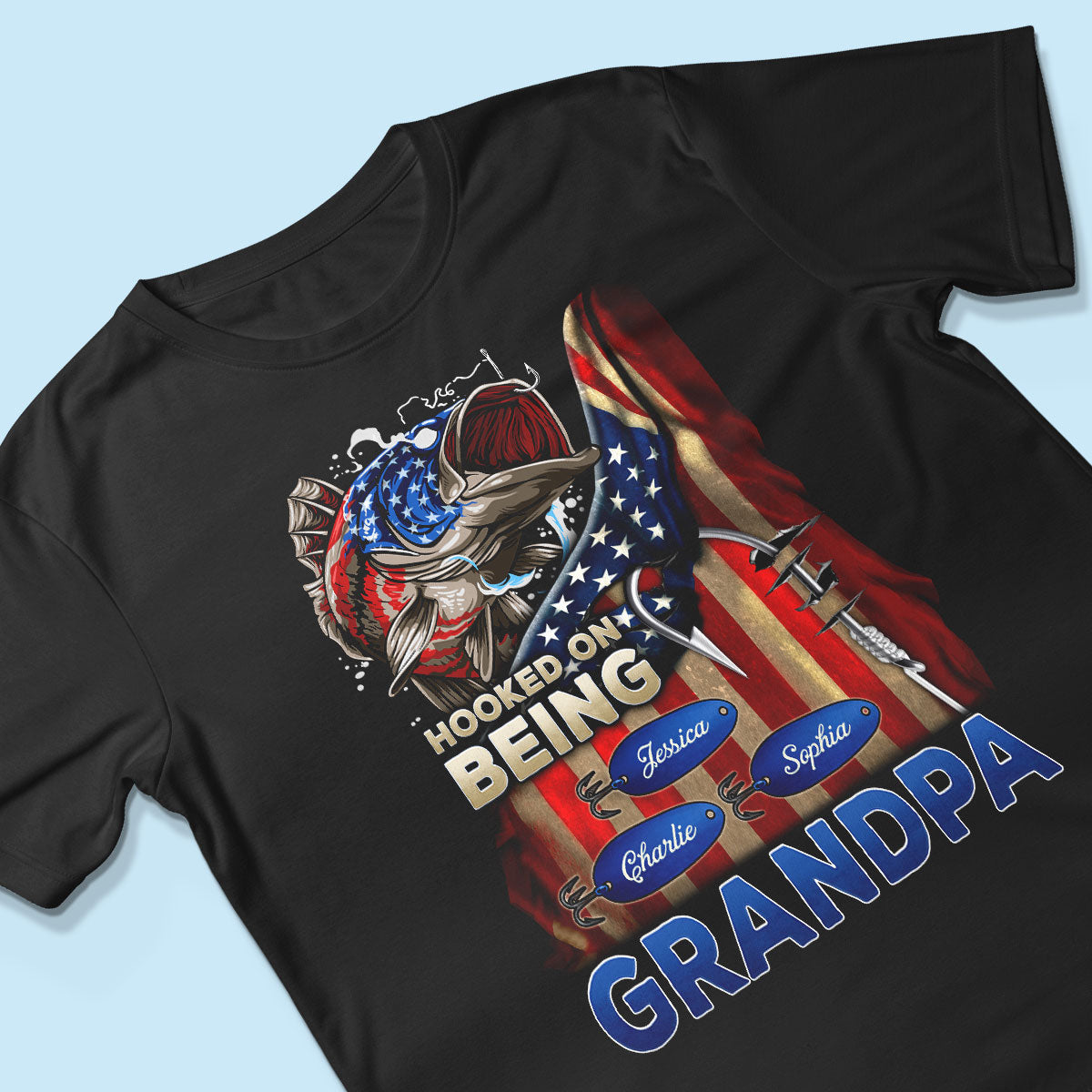 Hooked On Fishing Dad Grandpa Nation Flag Personalized Shirt