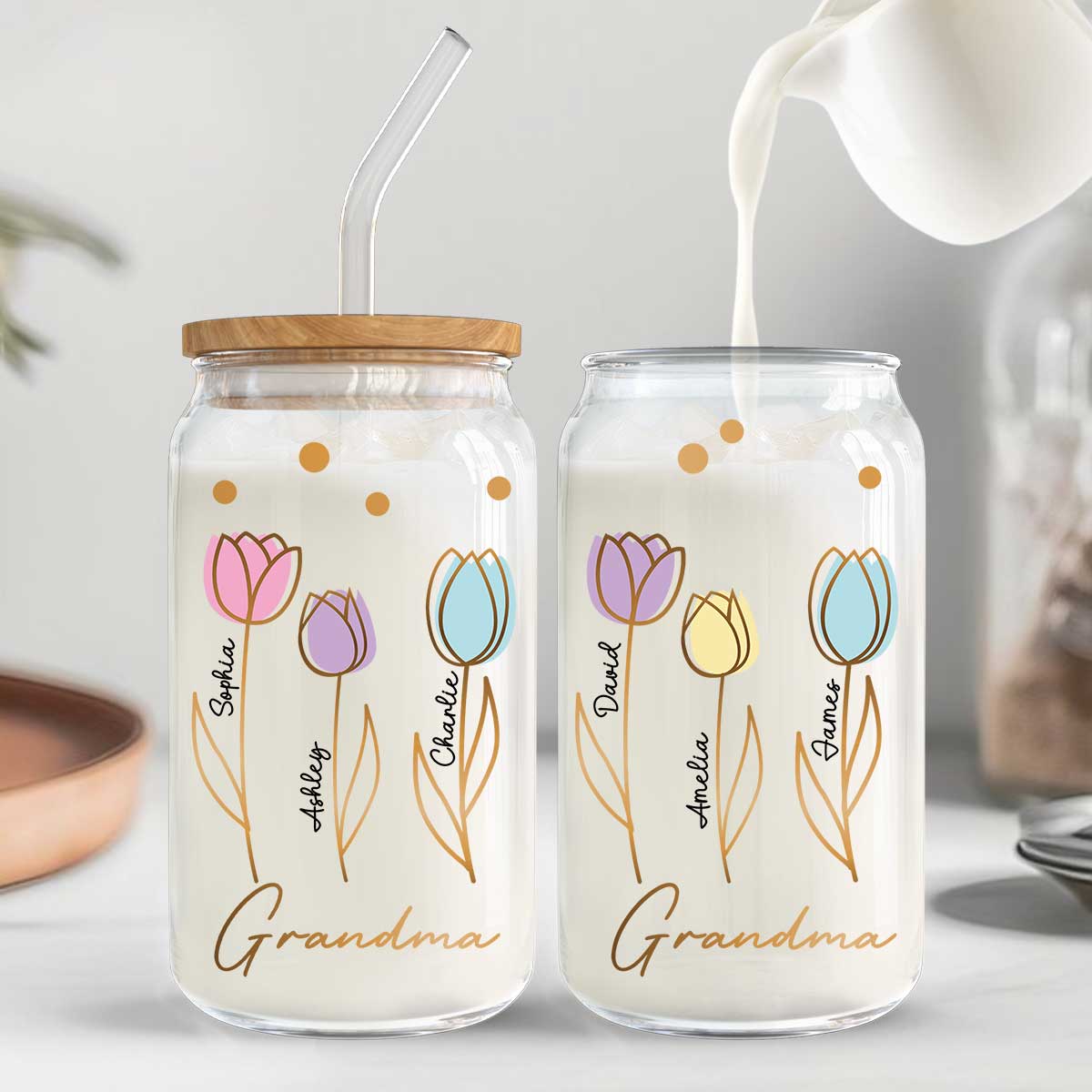 Grandma Mom Auntie Tulip Flowers Kids Names Personalized Clear Glass Can