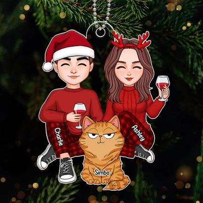 Cute Couple Sitting With Fluffy Funny Expression Cats Personalized Acrylic Ornament