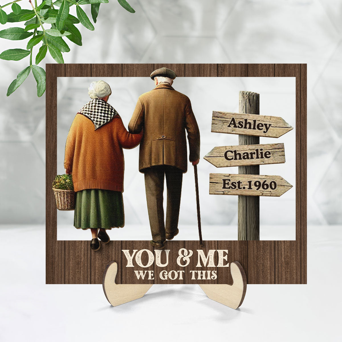 Old Couple Walking Together Personalized 2-Layer Wooden Plaque, Heartfelt Gift For Couple, For Him, For Her, Husband, Wife