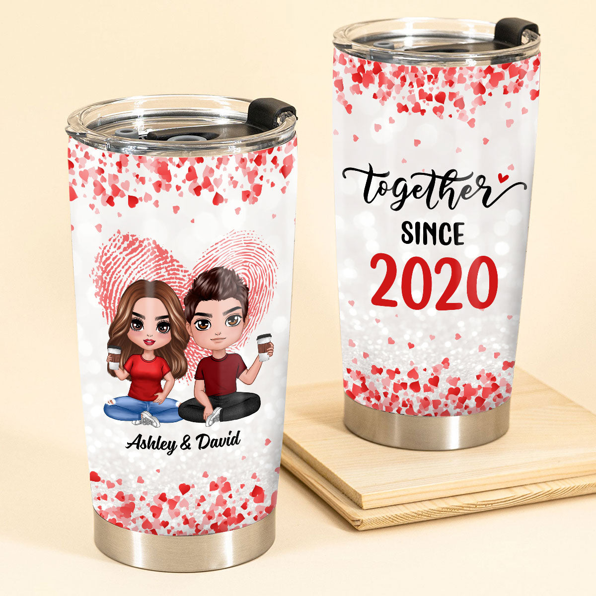 Hearts Flying Doll Couple Sitting  Anniversary Day Gift For Him For Her Personalized Tumbler