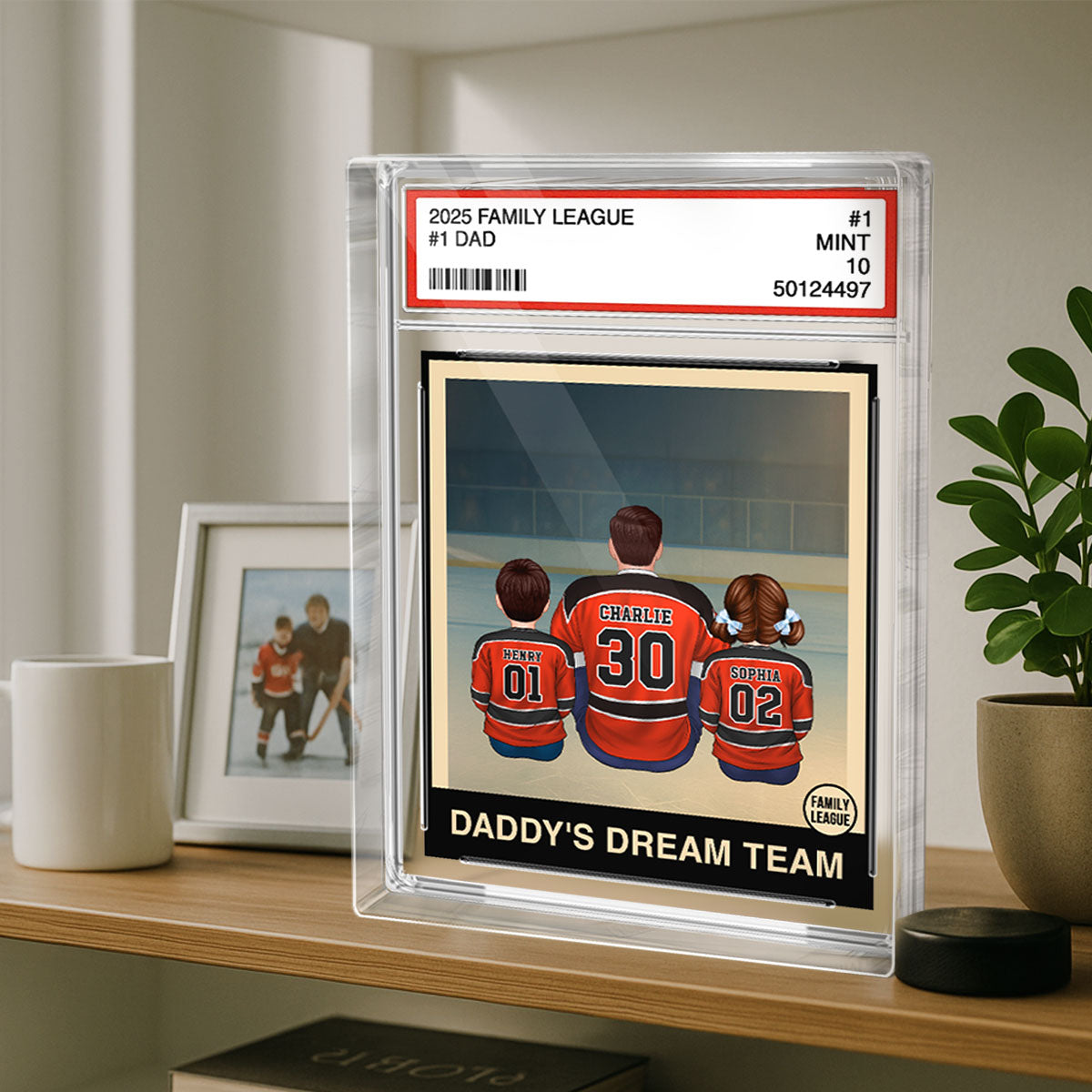 Hockey No. 1 Dad Man & Kids Sitting Trading Card Style Personalized Acrylic Block Plaque
