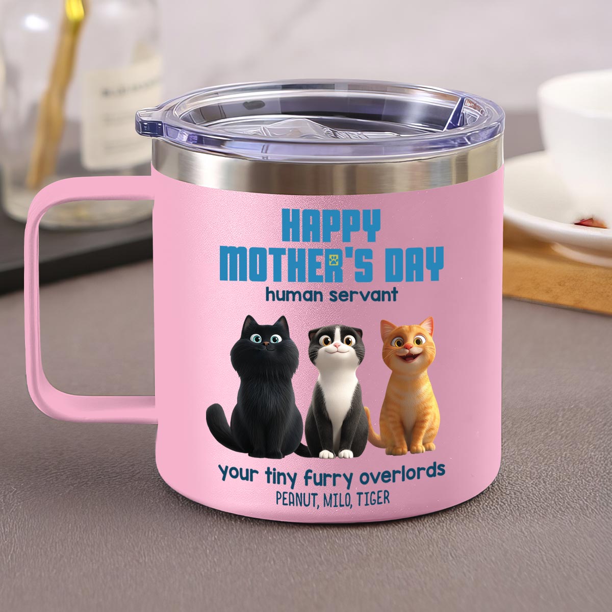 Happy Mother's Day Human Servant Personalized Stainless Steel Tumbler With Handle, Unique Gift for Cat Moms