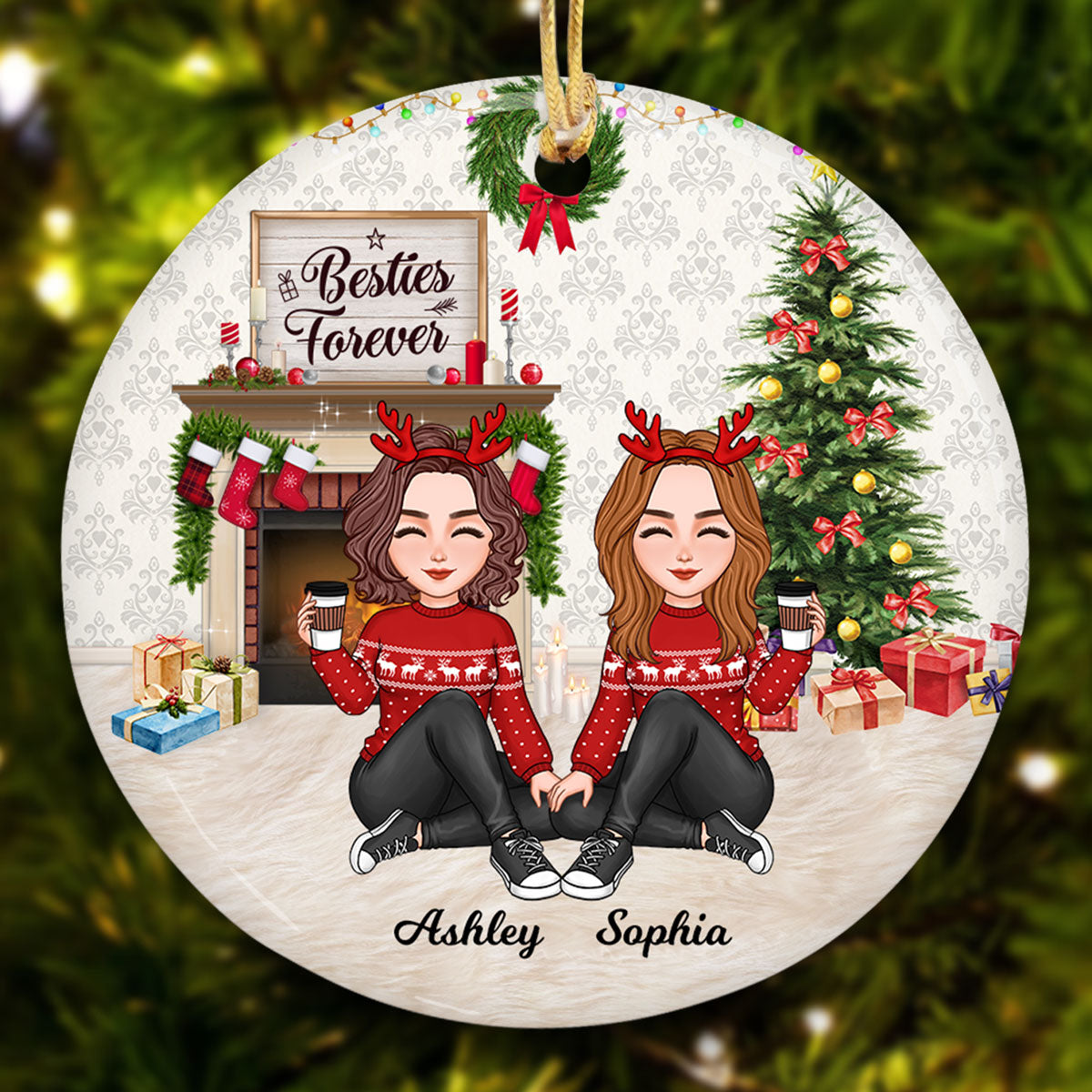 Besties Forever Cute Doll Girls At Fireplace Personalized Circle Ornament