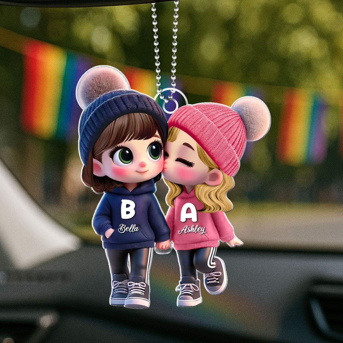 Personalized 3D Cartoon Lesbian Couple Car Ornament – Cute Acrylic Gift for Pride Month