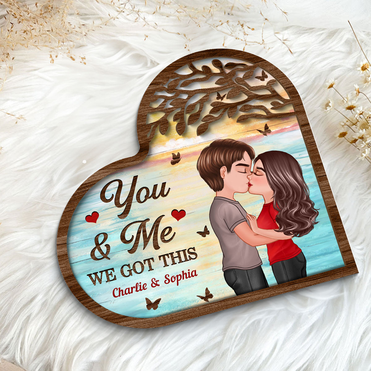 Couple Kissing Under Tree Heart Shaped  Gift For Him For Her Personalized 2-Layer Wooden Plaque