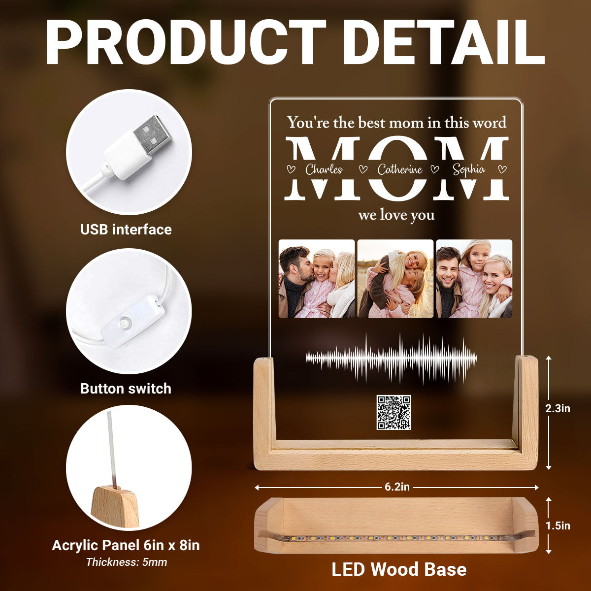Personalized Photo LED Night Light, Voice Recording Sound Wave, Gift for Mom, Custom Your Heartfelt Voice Message for her