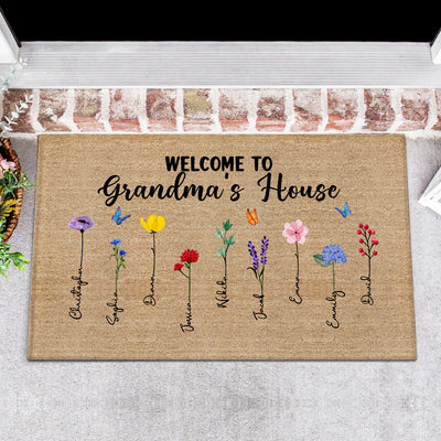 Welcome To Grandma Nana House Watercolor Birth Flowers Personalized Doormat