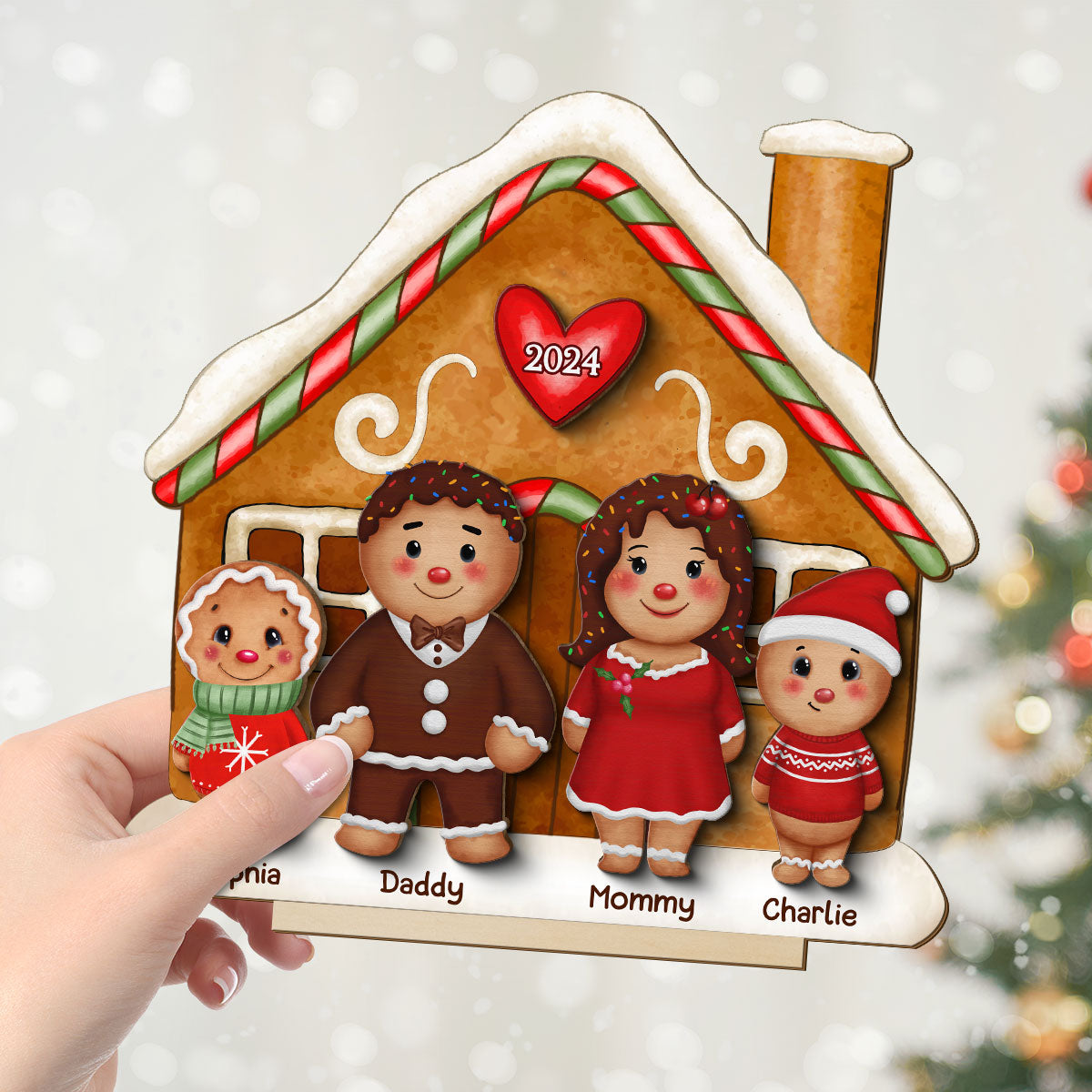 Gingerbread Family Standing House Personalized 2-Layer Standing Wooden Plaque