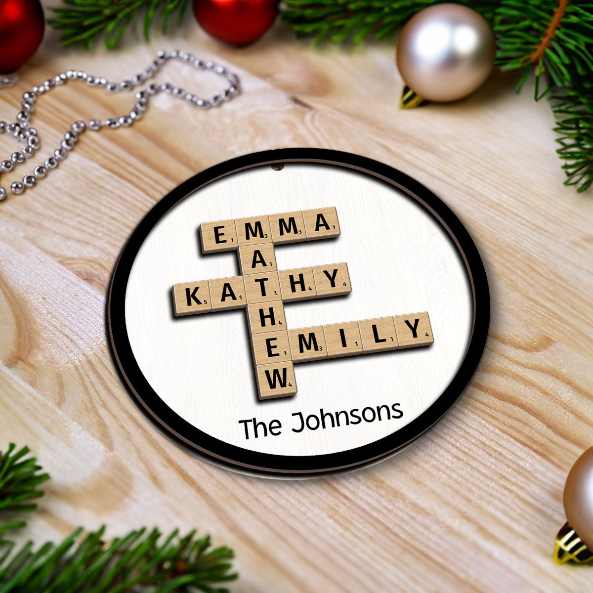 The Family Crossword Puzzle Art Christmas Decor Personalized 2-Layer Round Wooden Ornament