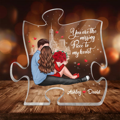 Missing Piece Embracing Sitting Couple Valentine‘s Day Gift - Gift For Him, Gift For Her - Personalized Puzzle Acrylic Plaque