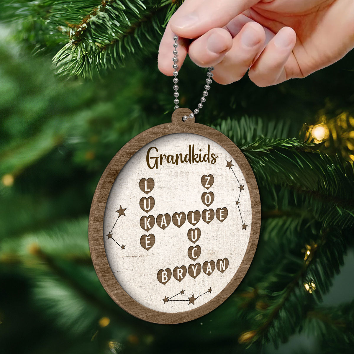 Grandkids Family Heart Crossword Art Puzzle Personalized 2-Layer Wooden Ornament
