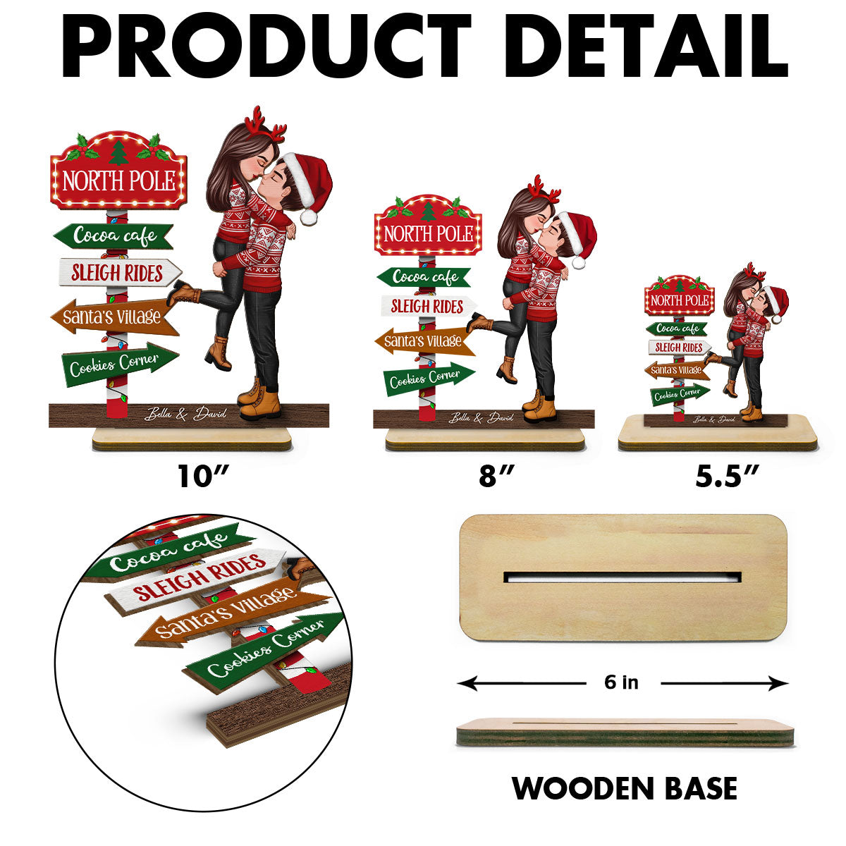 Couple Hugging North Pole Sign Christmas Decor Personalized 2-Layer Standing Wooden Plaque