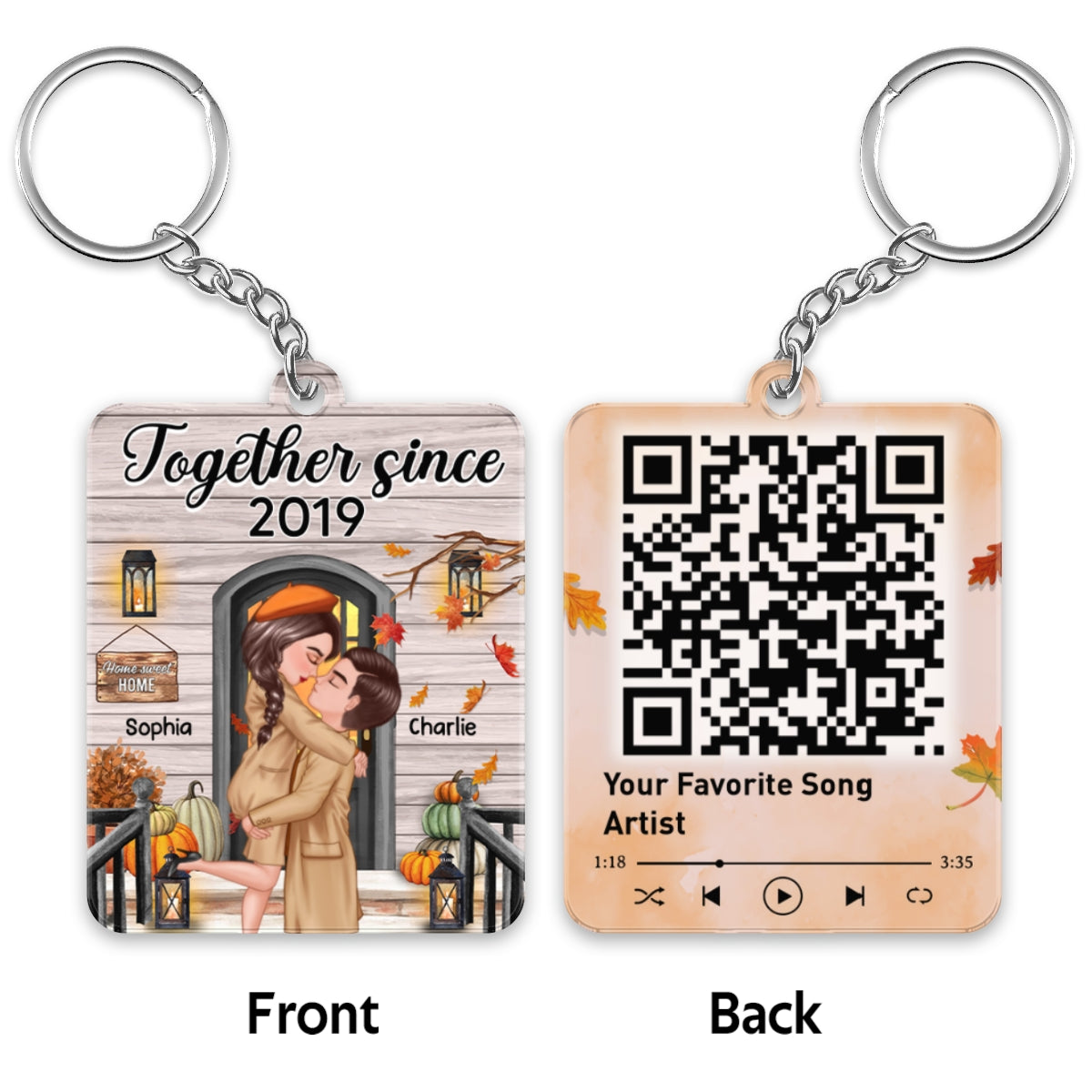 Fall Season Couple Kissing In Front Porch Favorite Song QR Code Personalized Acrylic Keychain
