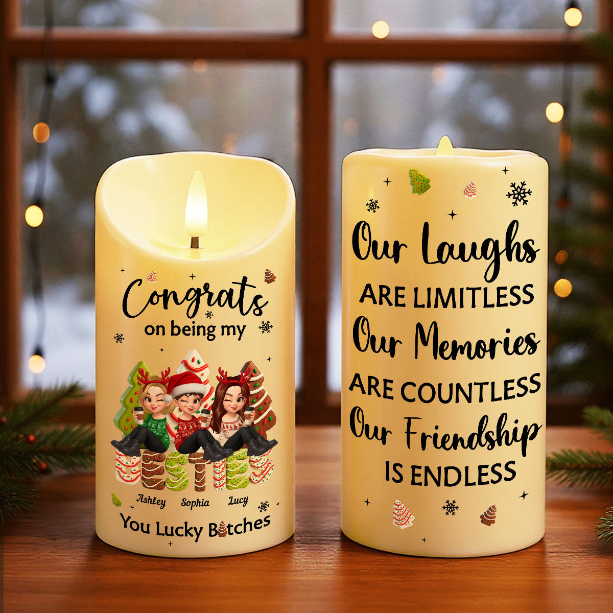 Congrats On Being My Besties Sisters Christmas Tree Cake Personalized LED Candle, Christmas gift for Besties Sisters