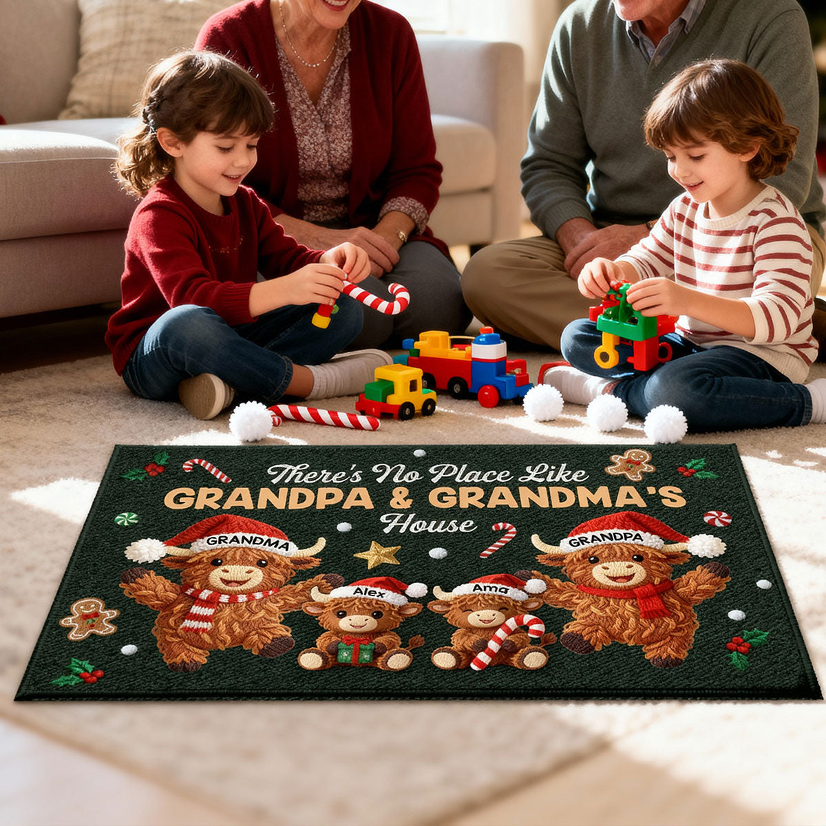 3D Faux Crochet Effect Christmas Grandma Grandkids Highland Cow Together - Personalized Doormat