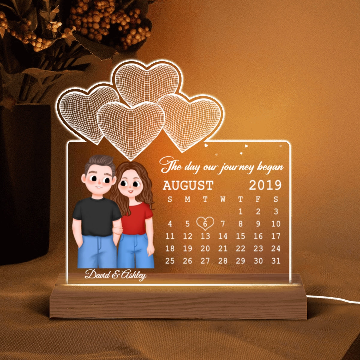 Cute Illustration Couple Under 3D Heart Calendar Anniversary Date Personalized Custom Shape Acrylic Plaque LED Night Light
