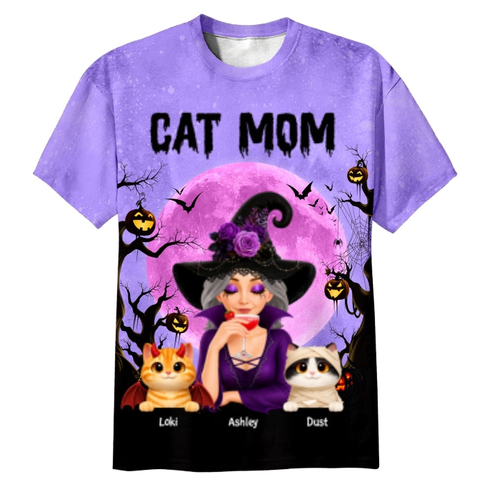 Halloween Theme Spooky Cat Mom Witch - Personalized Shirt - Halloween Gift For Cat Lovers