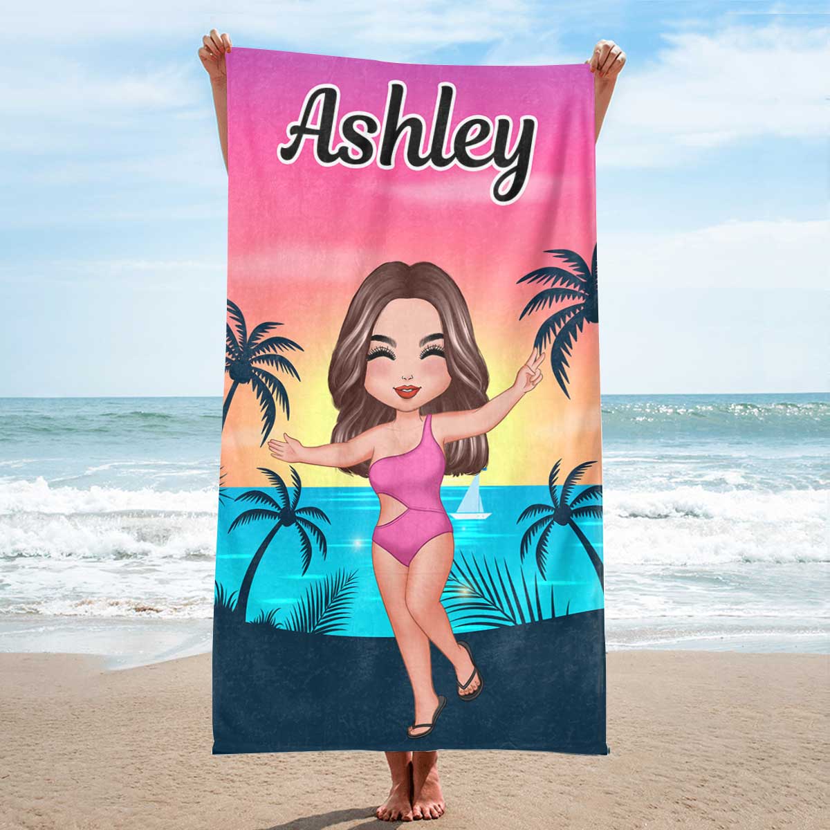 Family Member Happy Doll Dad Mom Kids Personalized Beach Towel