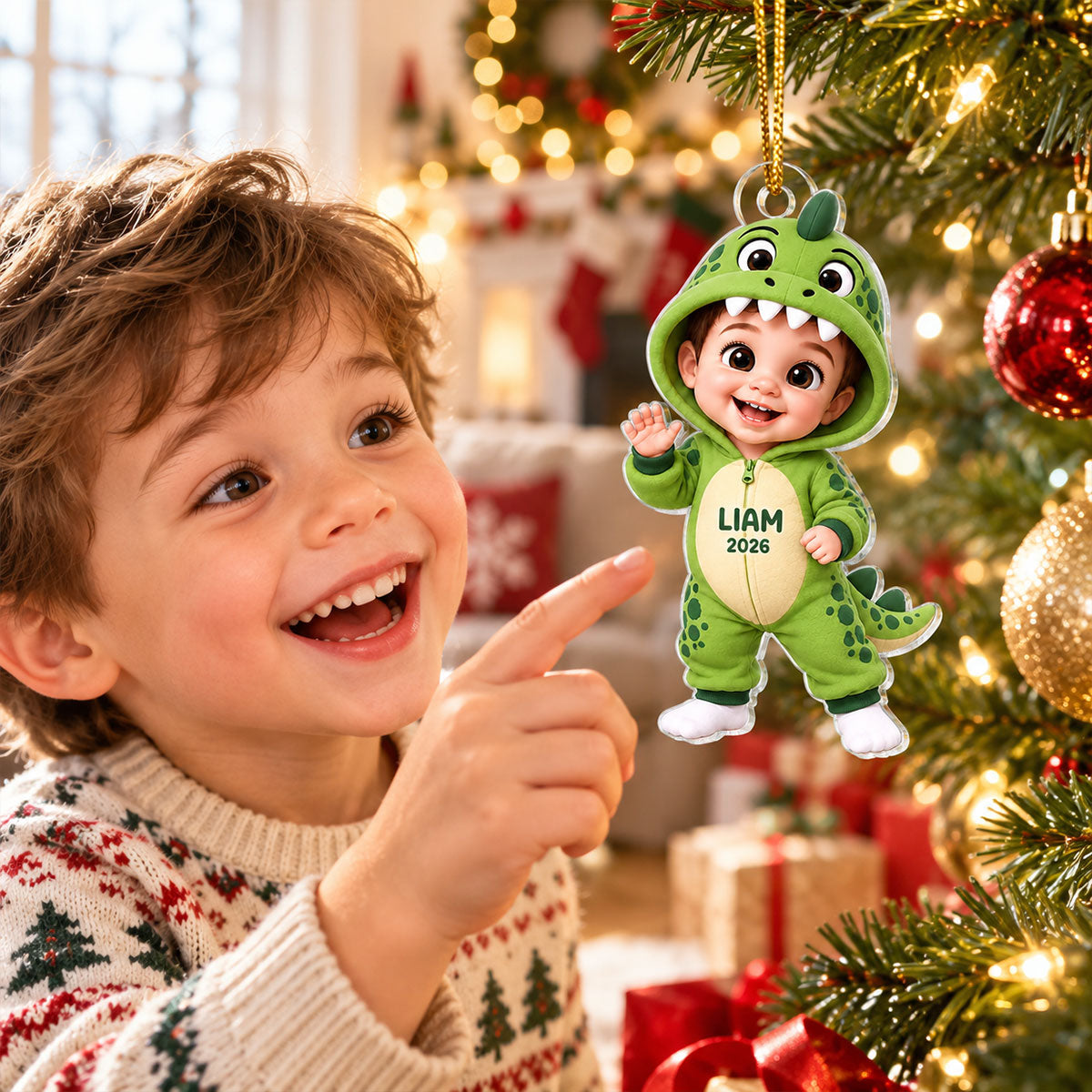 Cute Cartoon Kid With Dinosaur Costume - Personalized Acrylic Ornament - Christmas Gift For Boys, Girls
