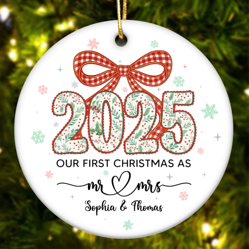 2025 First Christmas As Mr. & Mrs. Christmas Greenery Theme - Personalized Ceramic Ornament - Married, Engagement Gift for Couples