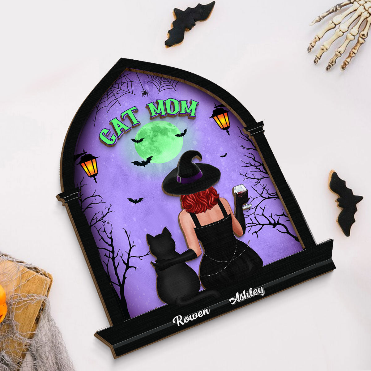 Halloween Witch and Cats Gothic Window Shaped Personalized 2-Layer Wooden Standing Plaque