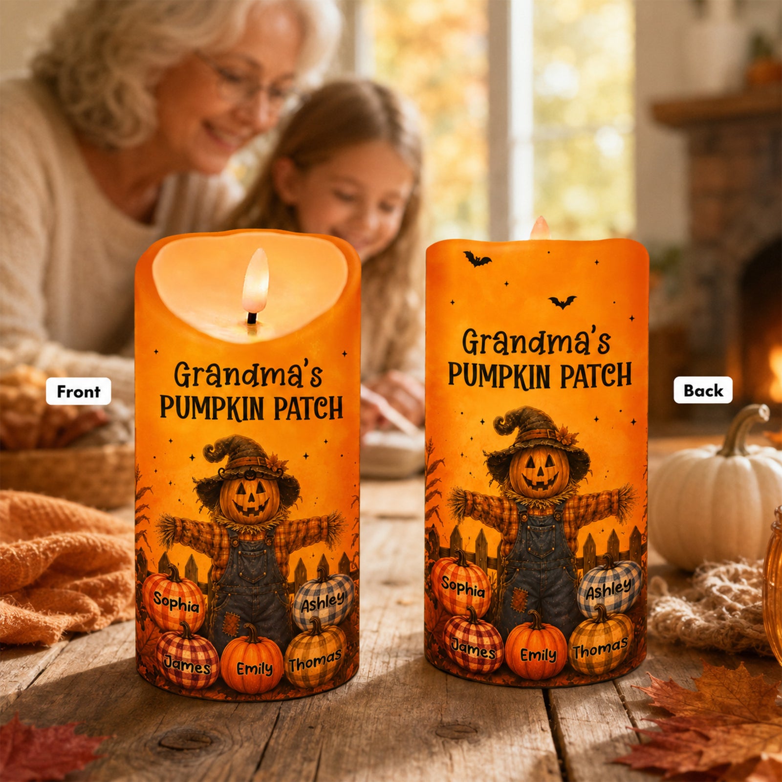 Grandma's Pumpkin Patch Scarecrow - Personalized LED Candle - Fall Season, Halloween Decor For Grandma
