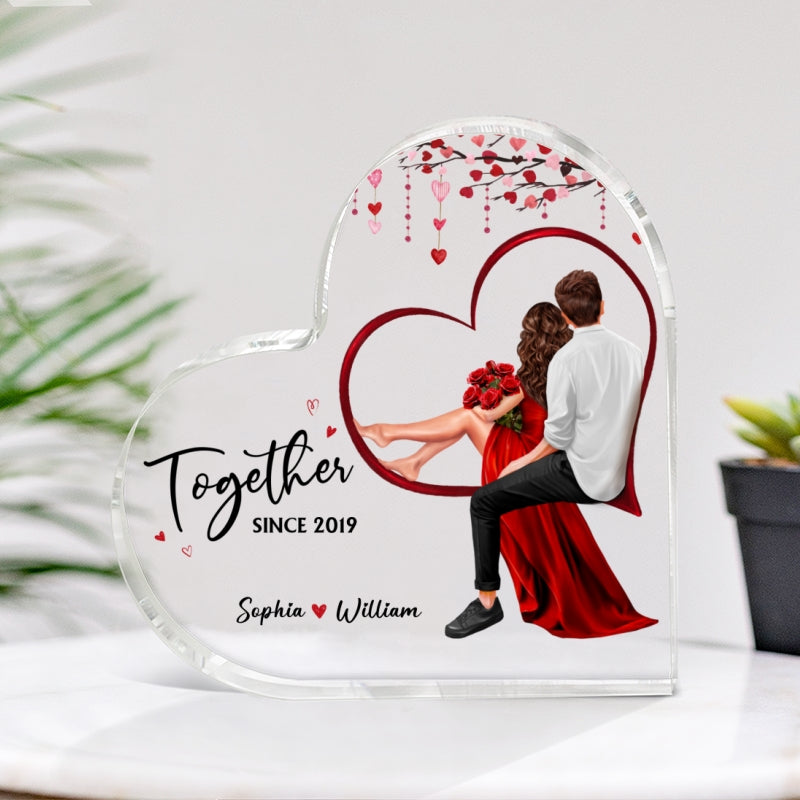 Embracing Couples Sitting On Heart Personalized Acrylic Heart Plaque,  Gift, Anniversary Gift for Couples