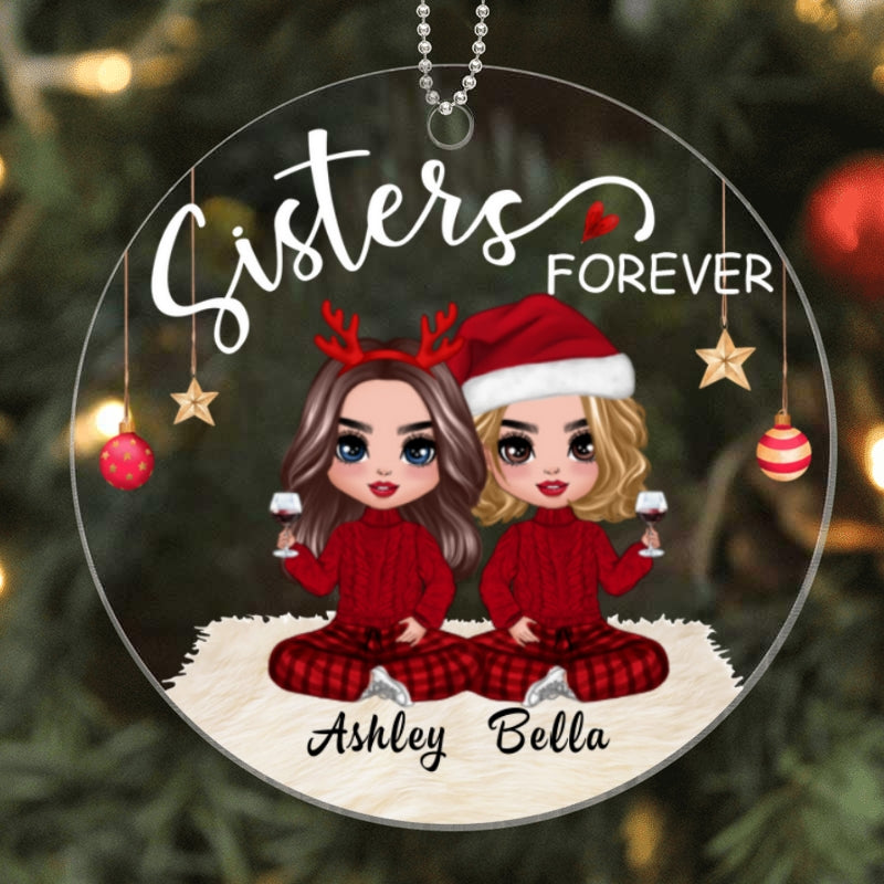 Sisters Forever Doll Women Christmas Checkered Pants Personalized Acrylic Ornament