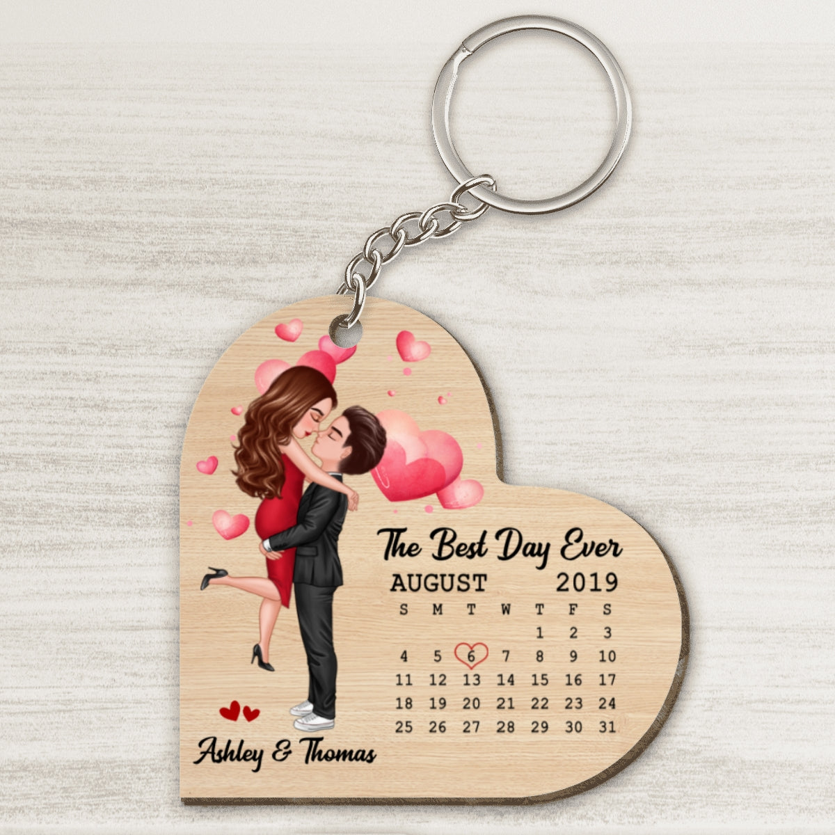Doll Couple Hugging Kissing Calendar Anniversary Date Heart Shaped Personalized Wooden Keychain