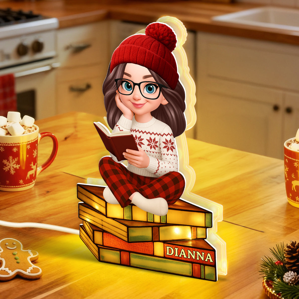 3D Stained Glass Effect Christmas Cozy Vibe Pretty Girl Reading Book - Personalized Light Box